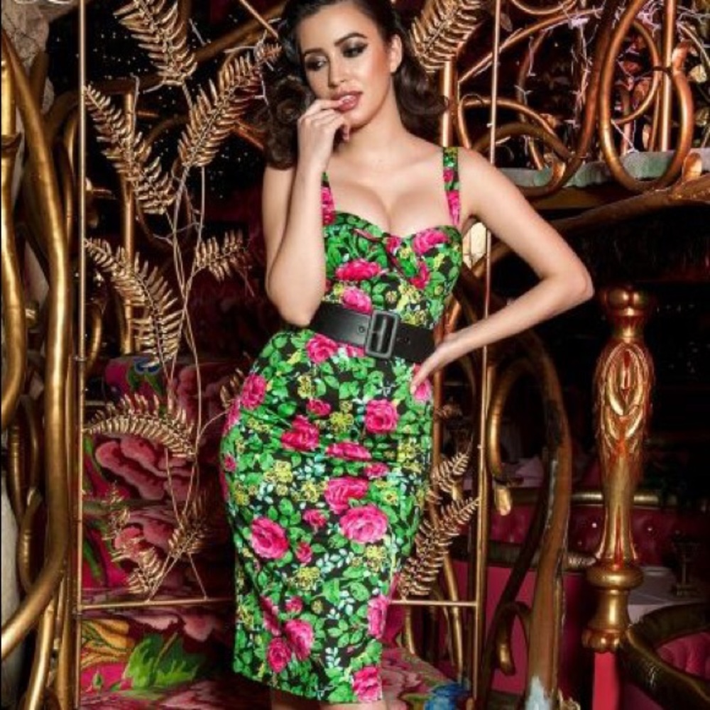 Deadly Dames by Micheline Pitt Vamp Black Floral Wiggle Dress